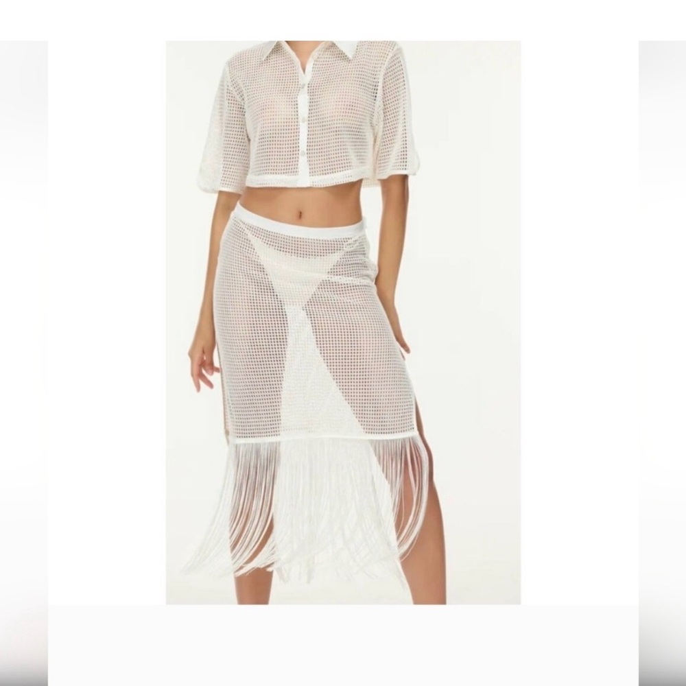 Emily in Paris X My Beachy Side Fringe Skirt White Mesh Cover Up